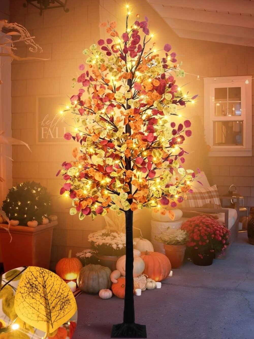 7FT Lighted Fall Eucalyptus Tree with 128 LEDs, Dimmable Timer, 8 Modes - Autumn